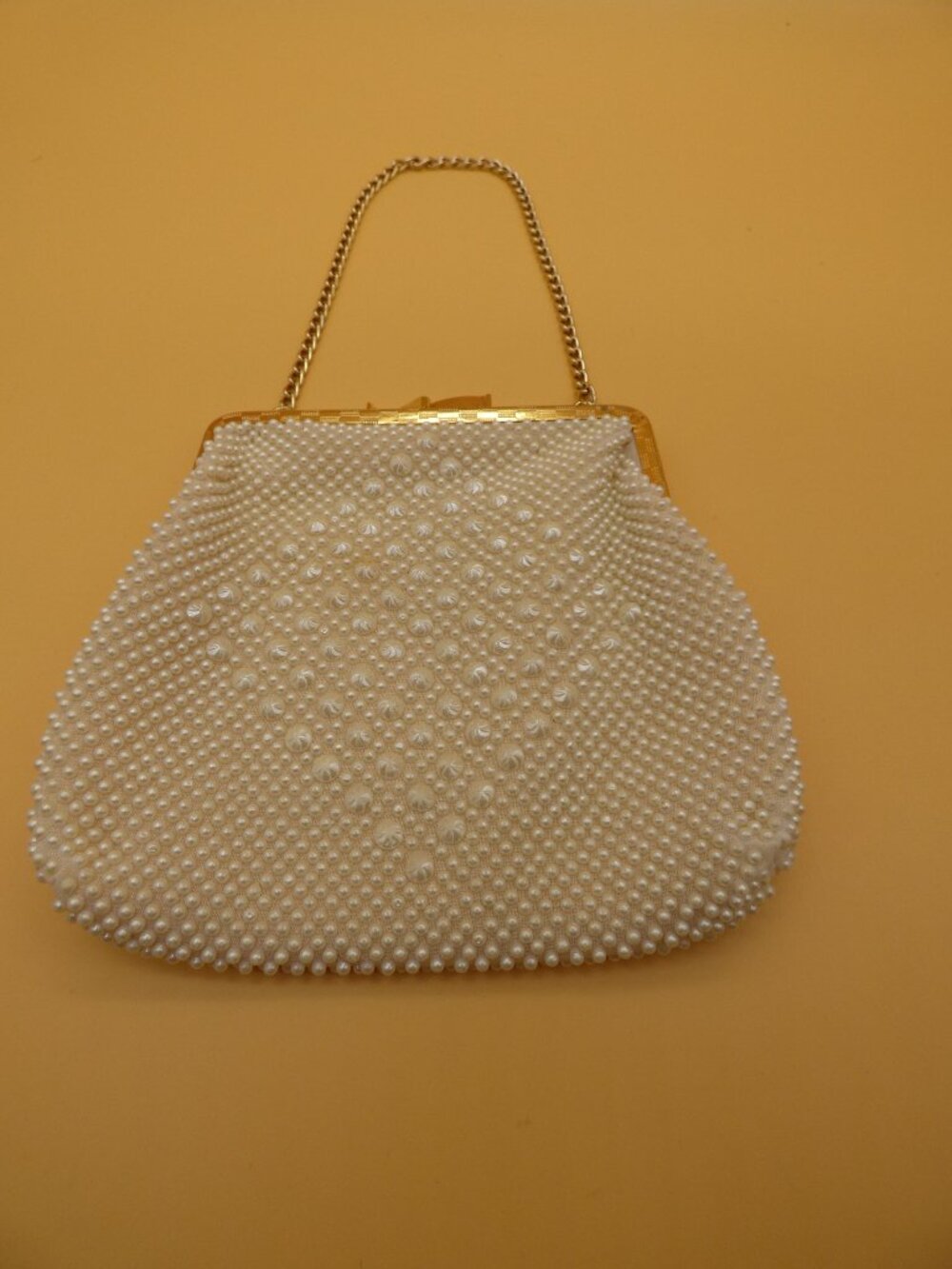 Vintage Hand Beaded Pearl Evening Clutch Bag Made in Hong Kong Gold Frame